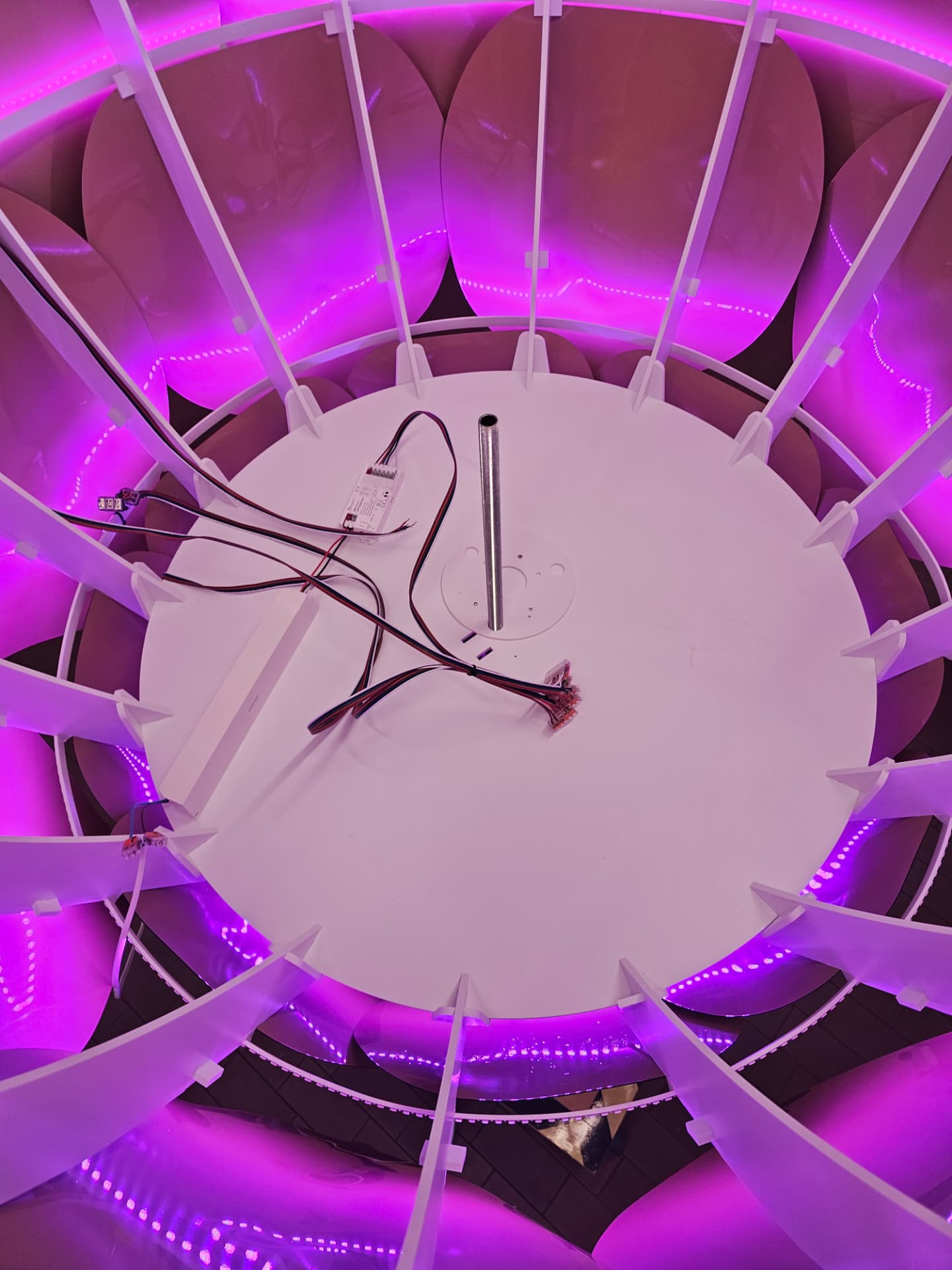 Innenansicht der Hopfendolde mit eingeschalteter RGB-LED-Beleuchtung in Magenta