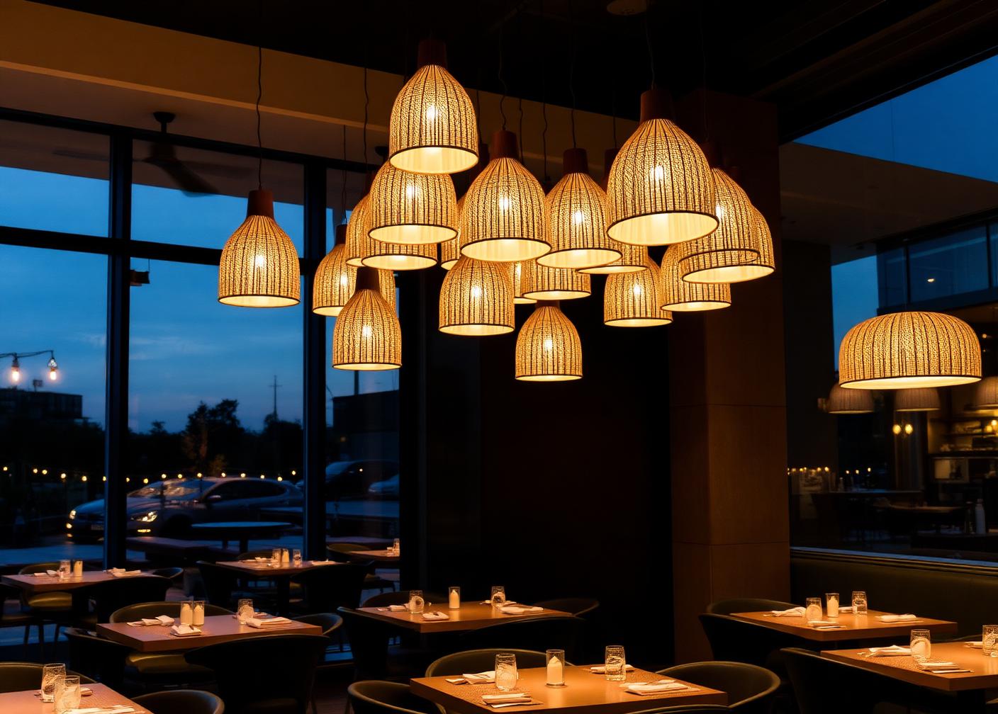 Stimmungsvolle Pendelleuchten über Tischgruppen in einem Restaurant