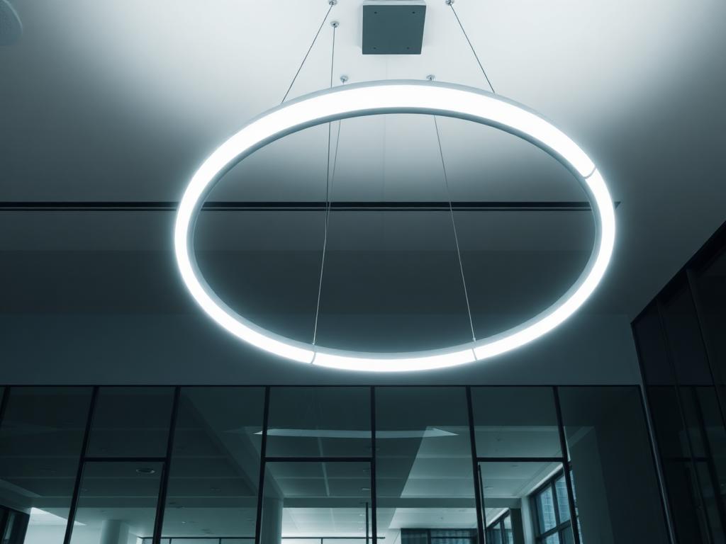 Geschwungene LED-Ringleuchte in freier Form über einer Verkaufsfläche